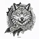 A wolf in a dynamic pose, surrounded by symbols of progress and improvement tattoo design idea