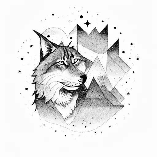 A dreamy night sky filled with constellations shaped like cats, with a lone wolf standing on a hill, gazing at the stars tattoo design idea