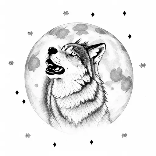 A majestic wolf howling at the moon, with constellations forming the shape of piano keys in the background tattoo design idea