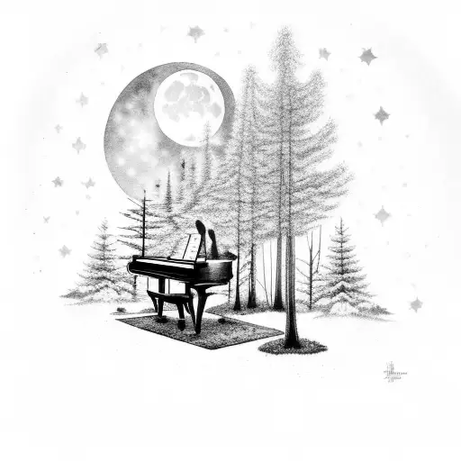 A mystical moonlit forest with a grand piano nestled among the trees, with shooting stars streaking across the sky tattoo design idea