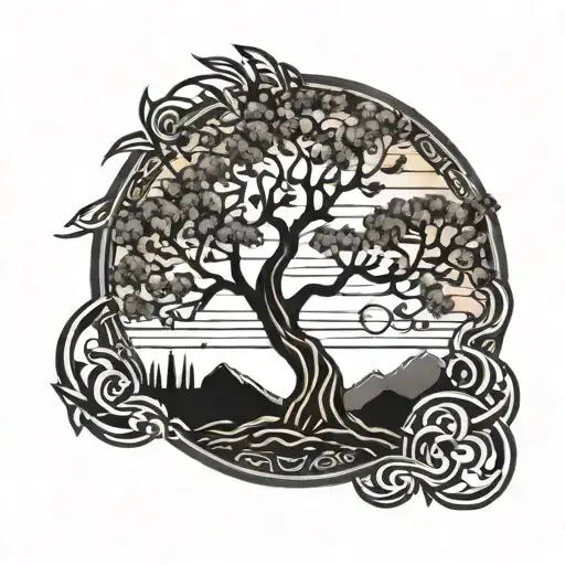 cherry tree with sunset tattoo design idea