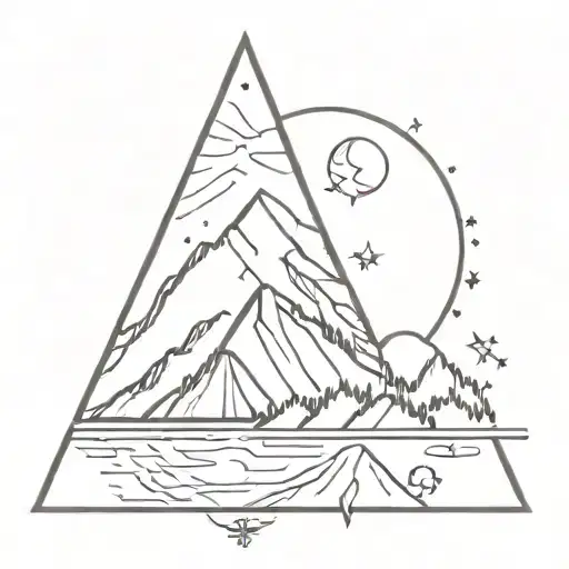 A majestic mountain waterfall cascading down its side, framed by a sun, moon and stars on either side in a triangle tattoo design idea