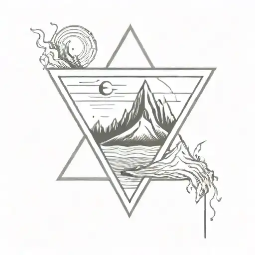 A majestic mountain peak with a waterfall cascading down its side, framed by a sun and moon on either side in a triangle tattoo design idea