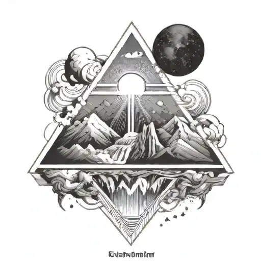 A majestic mountain peak with a waterfall cascading down its side, framed by a sun and moon on either side in a triangle tattoo design idea
