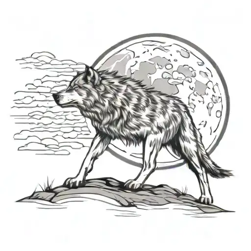 A lone wolf howling at a fiery moon, representing independence and passion tattoo design idea