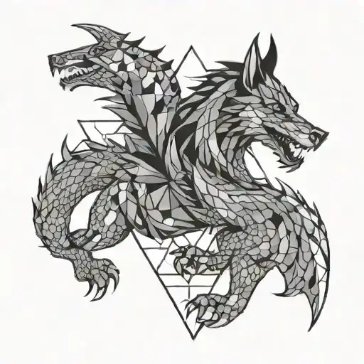 A geometric design featuring a dragon and a wolf in a Game of Thrones inspired pattern in black-grey style tattoo design idea