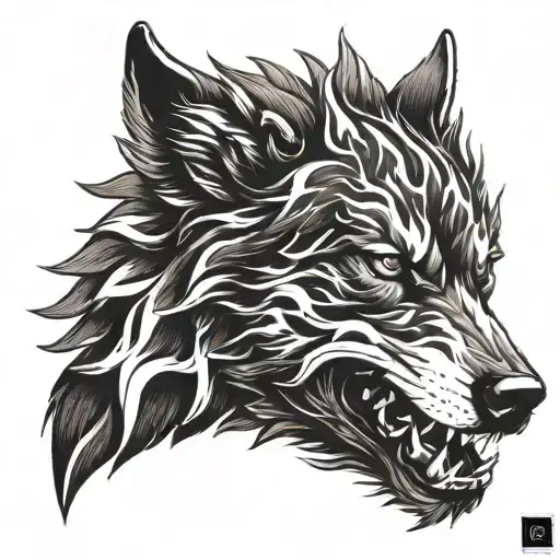 A detailed portrait of a dire wolf surrounded by flames, capturing the essence of power and loyalty tattoo design idea
