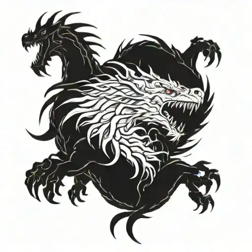 A fierce dragon intertwined with a pack of dire wolves, symbolizing strength and unity tattoo design idea