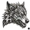 A detailed portrait of a dire wolf surrounded by flames, capturing the essence of power and loyalty tattoo design idea