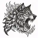 A detailed portrait of a dire wolf surrounded by flames, capturing the essence of power and loyalty tattoo design idea