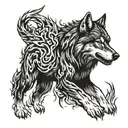 A detailed portrait of a dire wolf surrounded by flames, capturing the essence of power and loyalty tattoo design idea