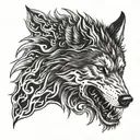 A detailed portrait of a dire wolf surrounded by flames, capturing the essence of power and loyalty tattoo design idea
