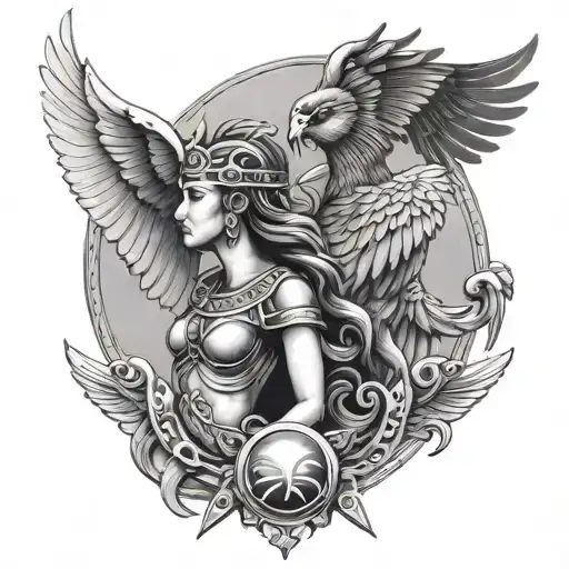 Horus god next to Greek goddess Nyx both with wings tattoo design idea