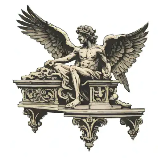 Black style design with a dark background, Roman architecture and a statue similar to the fallen angel of Alexander Caba tattoo design idea