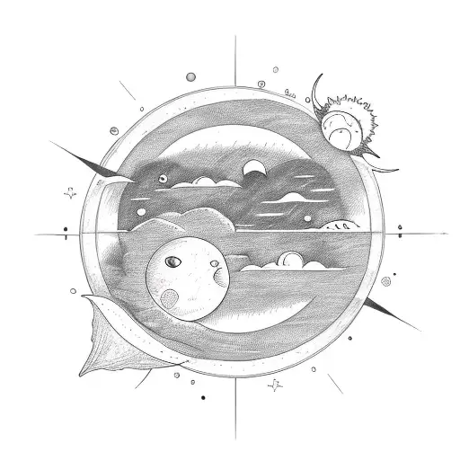 The sun and moon are joined together, framed by stars and sea waves tattoo design idea