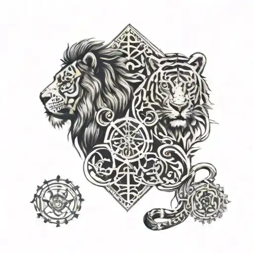 A tattoo of a majestic lion and tiger standing side by side, surrounded by a border of intricate crosses and mystical symbols tattoo design idea