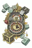dice, blackjack, roulette wheel, money stacks tattoo design idea