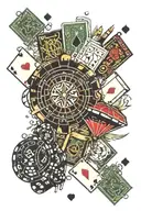 dice, blackjack, roulette wheel, money stacks tattoo design idea