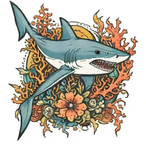 shark and coral reef tattoo design idea