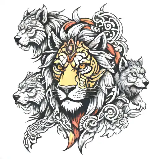warrior lion with three wolves tattoo design idea