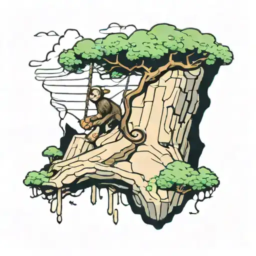 cliff with tree growing monkey swinging away below cliff  tattoo design idea