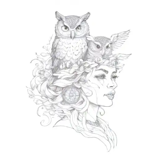 a woman with an owl on her head tattoo design idea