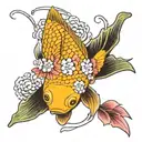 koi fish, flowers, Japanese, fans tattoo design idea
