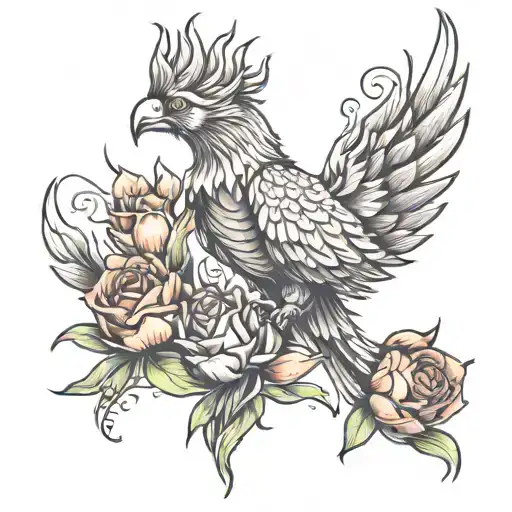 Phoenix holding fire tulips and roses tattoo design idea