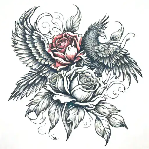 Phoenix wrapping with fire roses and tulips tattoo design idea