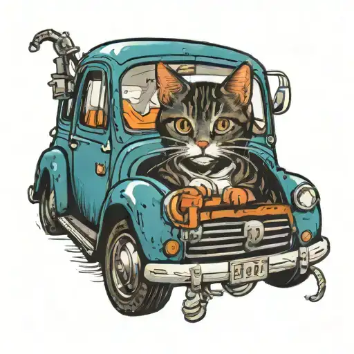 a cat with a car mechanic driving tattoo design idea