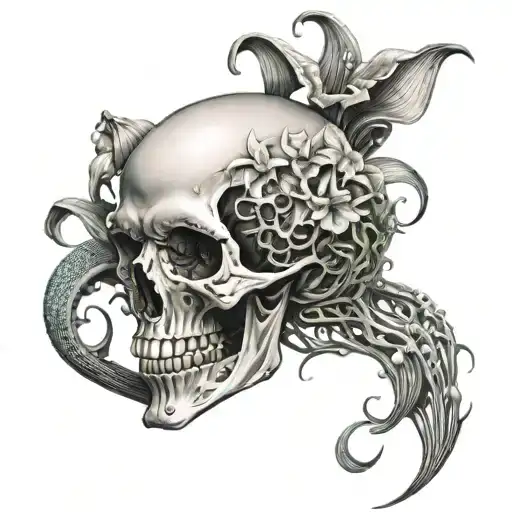 A skull made of intertwined calla lilies and jellyfish tentacles tattoo design idea
