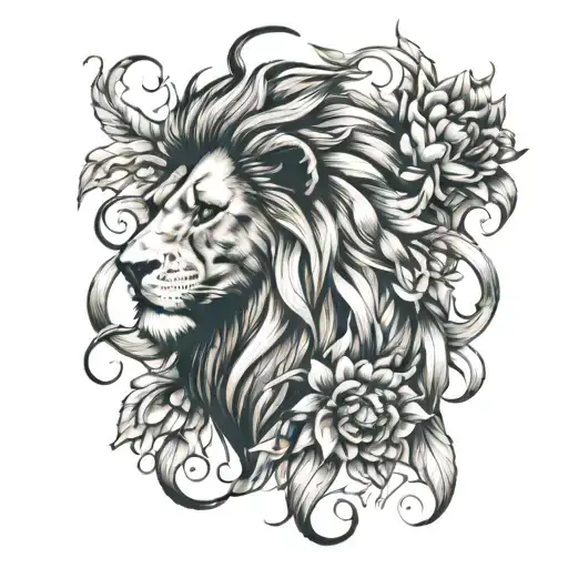 A tattoo design of a majestic lion with a mane made of intertwined lilies and sunflowers, with a subtle skull motif hidden in the background tattoo design idea