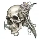 A skull made of intertwined calla lilies and jellyfish tentacles tattoo design idea