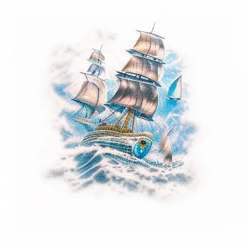 A majestic underwater scene with a shipwreck and colorful marine life tattoo design idea