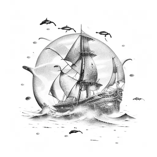 A majestic underwater scene with a shipwreck and colorful marine life tattoo design idea