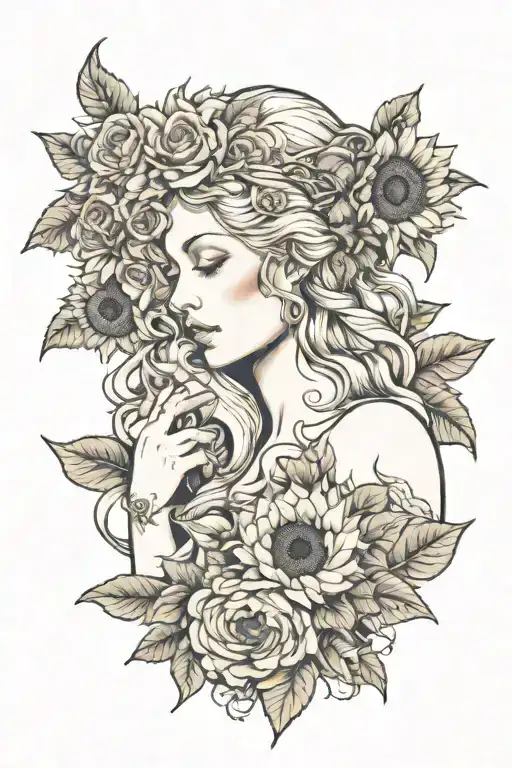 Aphrodite kissing Freyja with a background of sunflowers and roses tattoo design idea