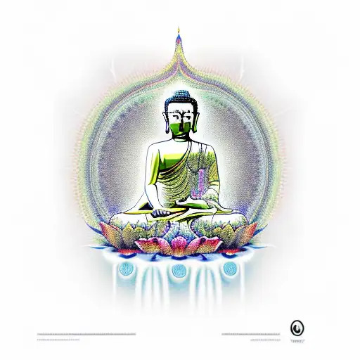 Enlightened Buddha meditating under a canopy of psychedelic mushrooms tattoo design idea