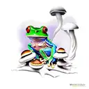 Mystical tree frog surrounded by mushrooms tattoo design idea