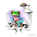 Mystical tree frog surrounded by mushrooms tattoo design idea