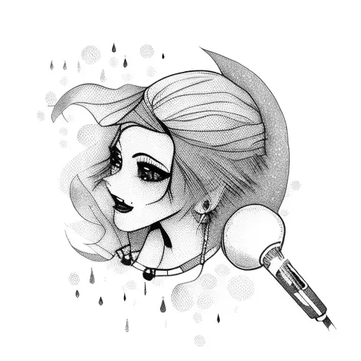 A dotwork tattoo of a stylish emo fashion icon holding a microphone tattoo design idea
