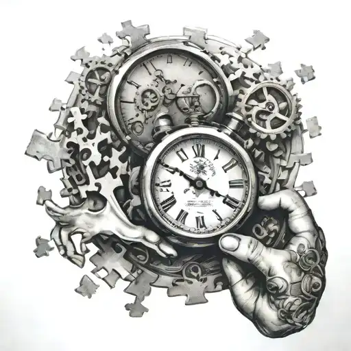 puzzle pieces, time clock, two hands reaching tattoo design idea