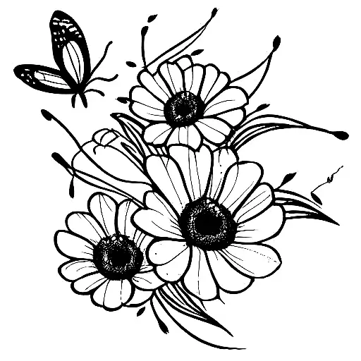 bouquet with birthflowers of march, may, november, august and add a butterfly.  tattoo design idea