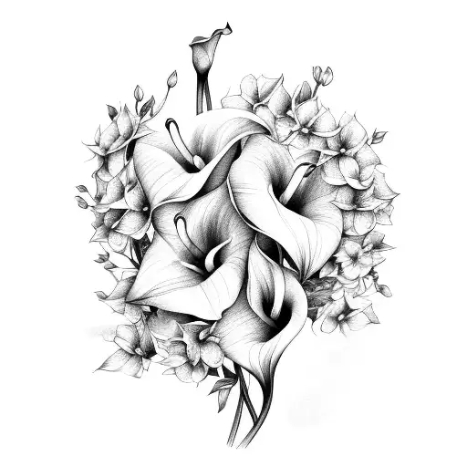 bouquet of calla lily, hydrangea, evelyn rose, lavender, and daffodil tattoo design idea