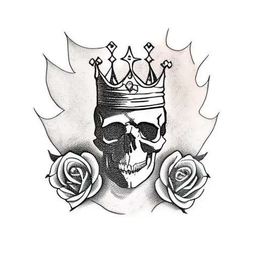 skull wearing a crown, surrounded by a set of eagle wings with two large roses above tattoo design idea