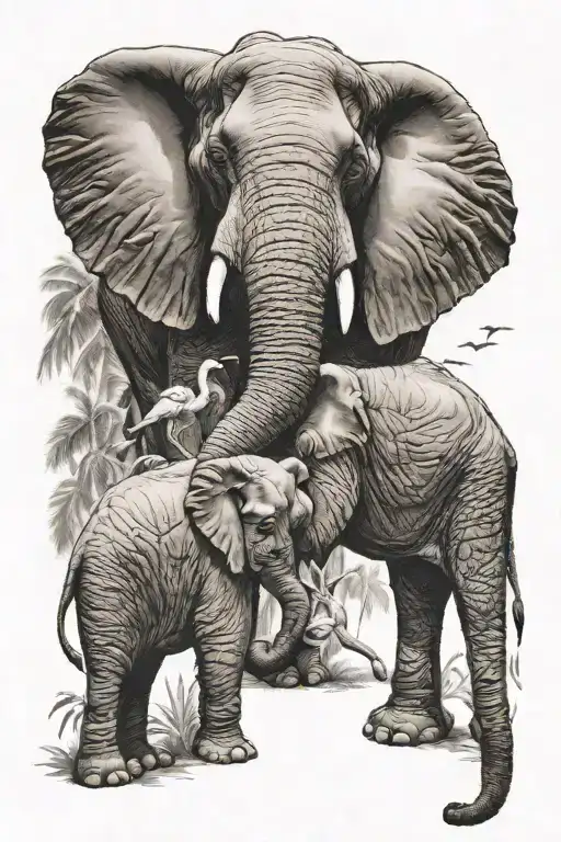 Elephant father and child with a flamingo and a hawk flying overhead  tattoo design idea