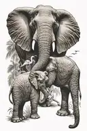 Elephant father and child with a flamingo and a hawk flying overhead  tattoo design idea