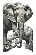 Elephant father and child with a flamingo and a hawk flying overhead  tattoo design idea