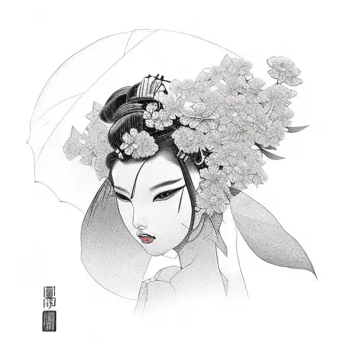 geisha with flower petals tattoo design idea