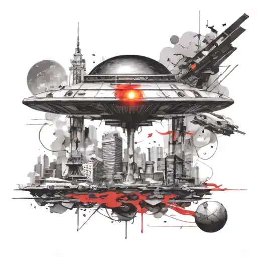 city being destroyed by ufo tattoo design idea