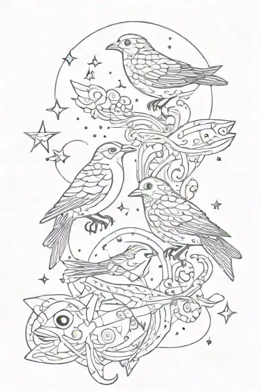 bird and fish with constellation libra and gemini zodiac sign tattoo design idea